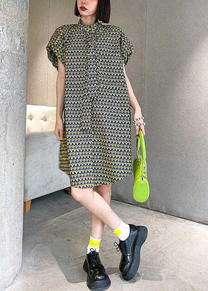 Women Stand Collar Print Cotton Day Dress Puff Sleeve