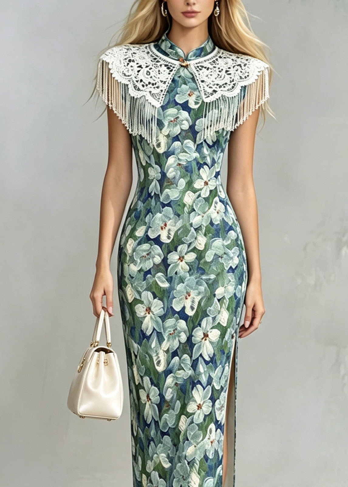 Women Stand Collar Print Side Open Cotton Long Dresses Summer