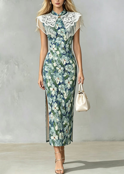 Women Stand Collar Print Side Open Cotton Long Dresses Summer
