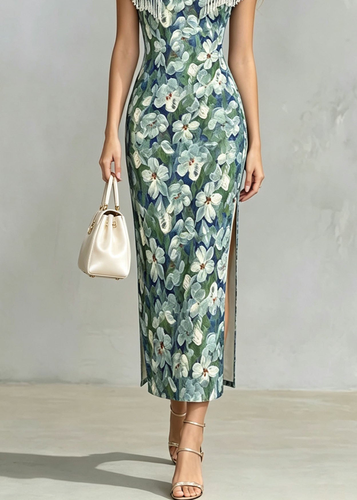 Women Stand Collar Print Side Open Cotton Long Dresses Summer