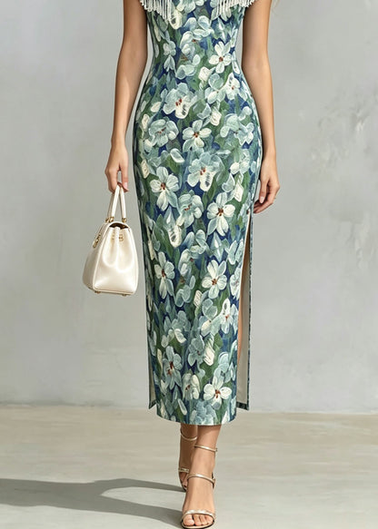 Women Stand Collar Print Side Open Cotton Long Dresses Summer