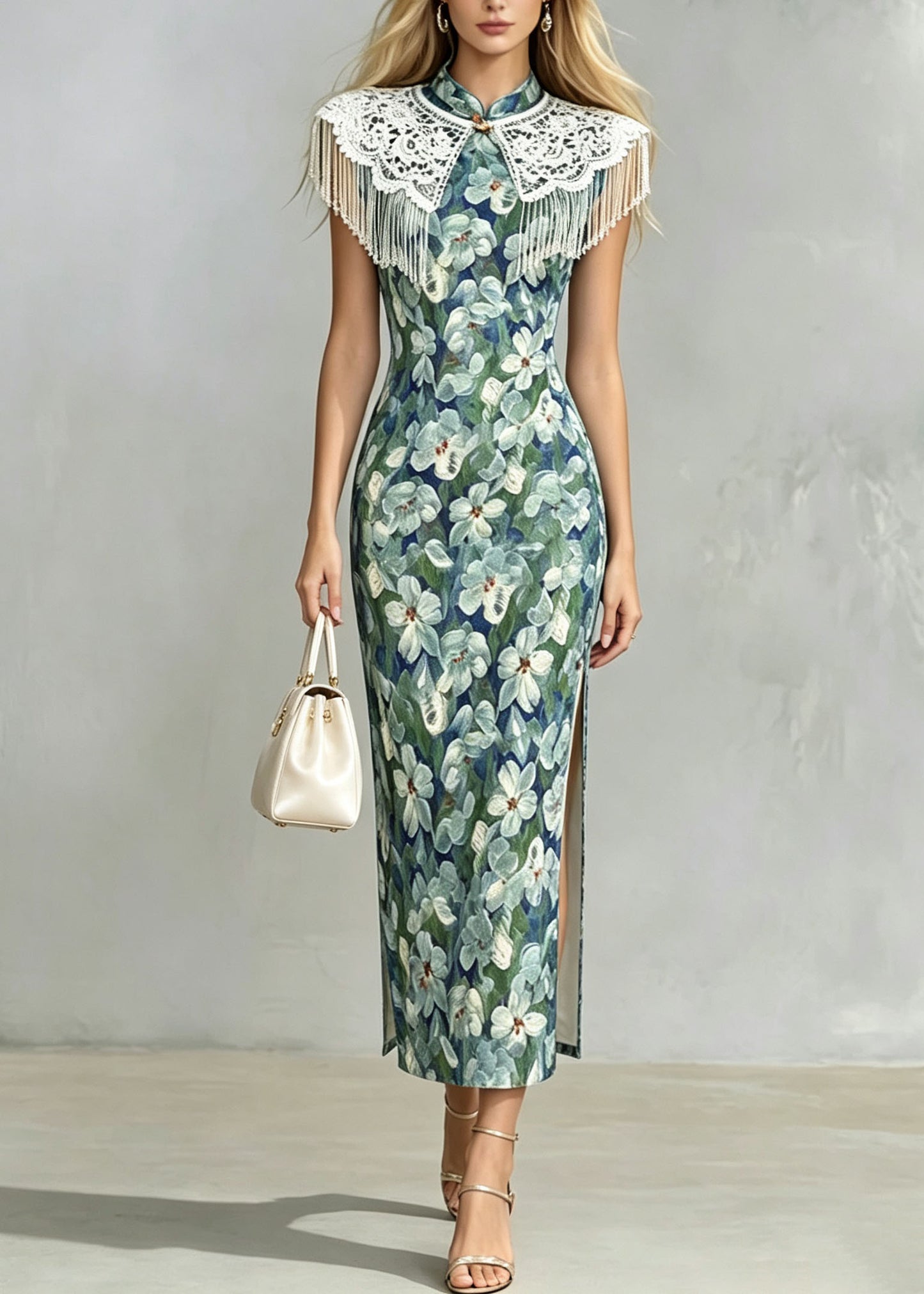 Women Stand Collar Print Side Open Cotton Long Dresses Summer