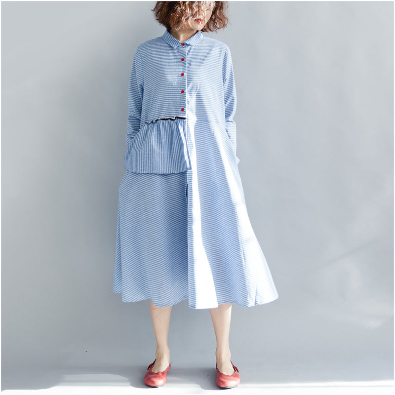 Women Striped Cotton Linen Dresses New 2025 Spring Loose Patchwork Ruffles Turn-down Collar Long Dresses