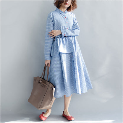 Women Striped Cotton Linen Dresses New 2025 Spring Loose Patchwork Ruffles Turn-down Collar Long Dresses