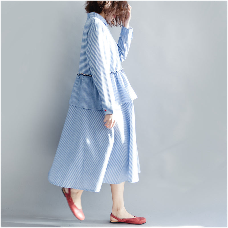 Women Striped Cotton Linen Dresses New 2025 Spring Loose Patchwork Ruffles Turn-down Collar Long Dresses