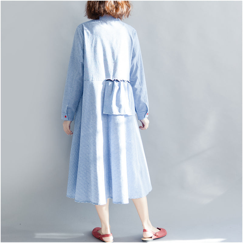 Women Striped Cotton Linen Dresses New 2025 Spring Loose Patchwork Ruffles Turn-down Collar Long Dresses
