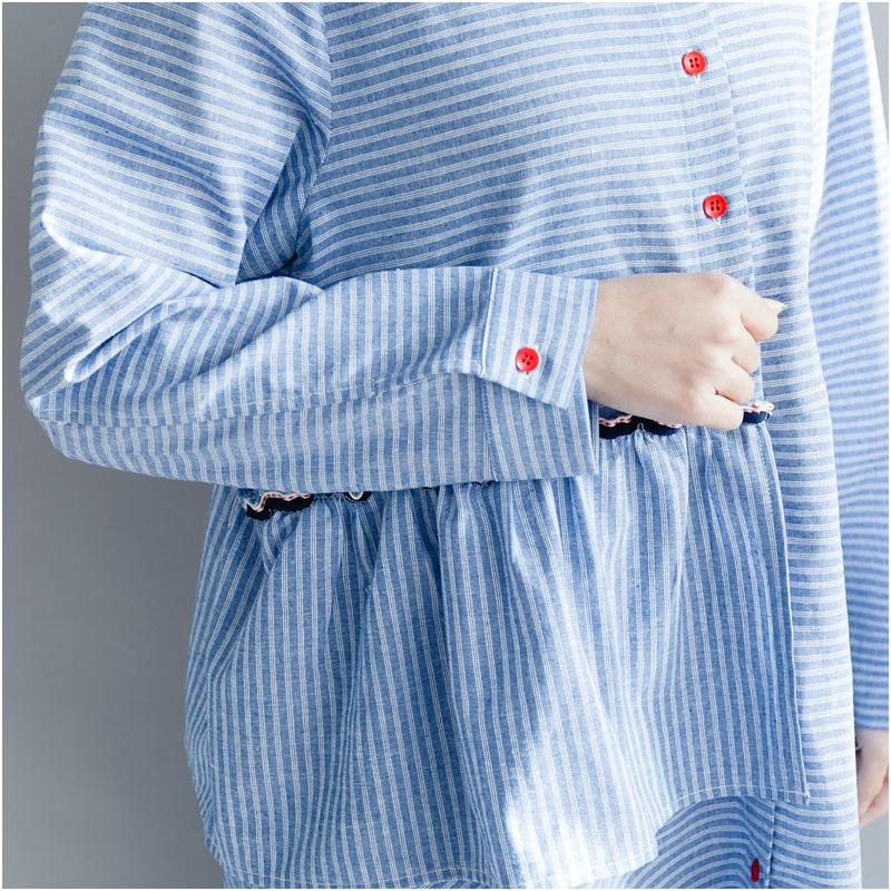 Women Striped Cotton Linen Dresses New 2025 Spring Loose Patchwork Ruffles Turn-down Collar Long Dresses