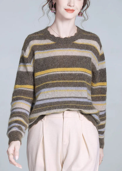 Women Striped O-Neck Cozy Wool Knit Sweaters Winter
