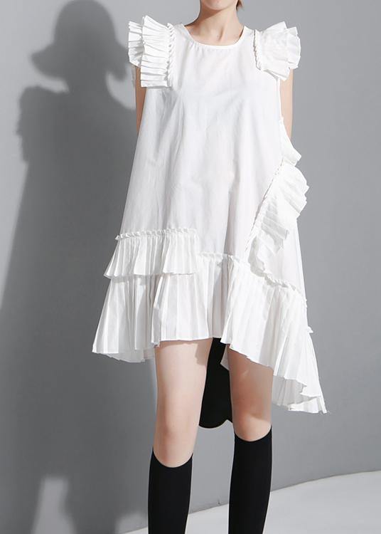 Women Summer Solid Black Sleeveless Pleated Ruffles Ladies Dress - SooLinen