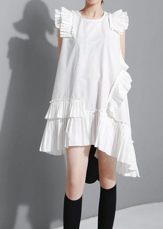 Women Summer Solid Black Sleeveless Pleated Ruffles Ladies Dress - SooLinen