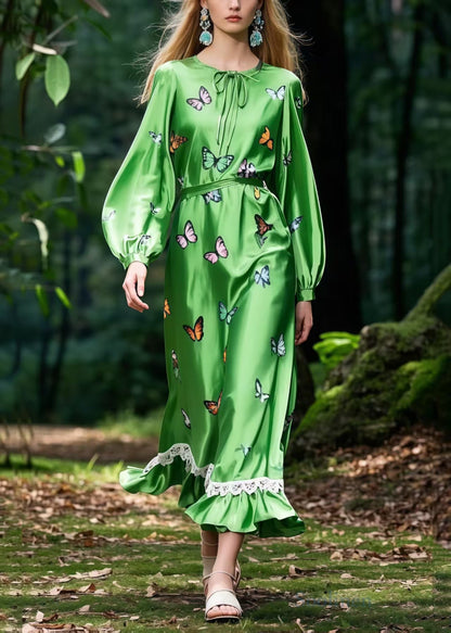 Women Tea Green Butterfly Silk Robe Dresses Spring