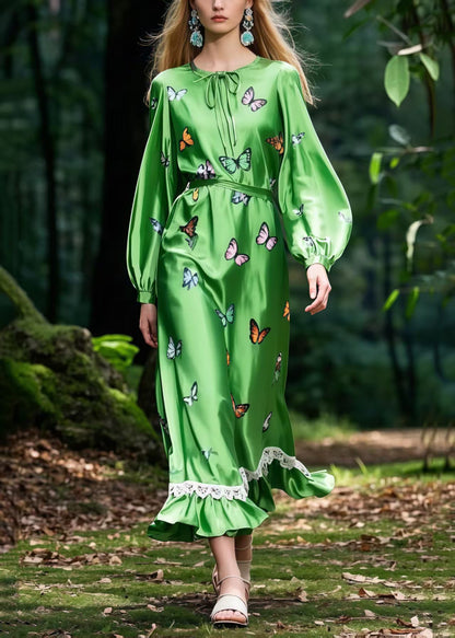 Women Tea Green Butterfly Silk Robe Dresses Spring