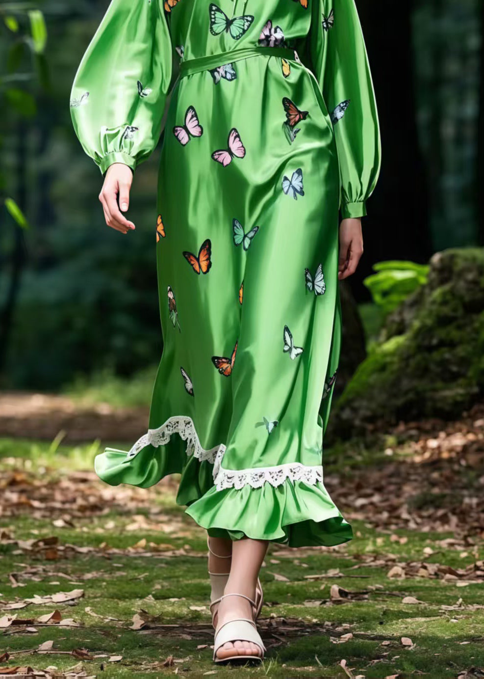 Women Tea Green Butterfly Silk Robe Dresses Spring