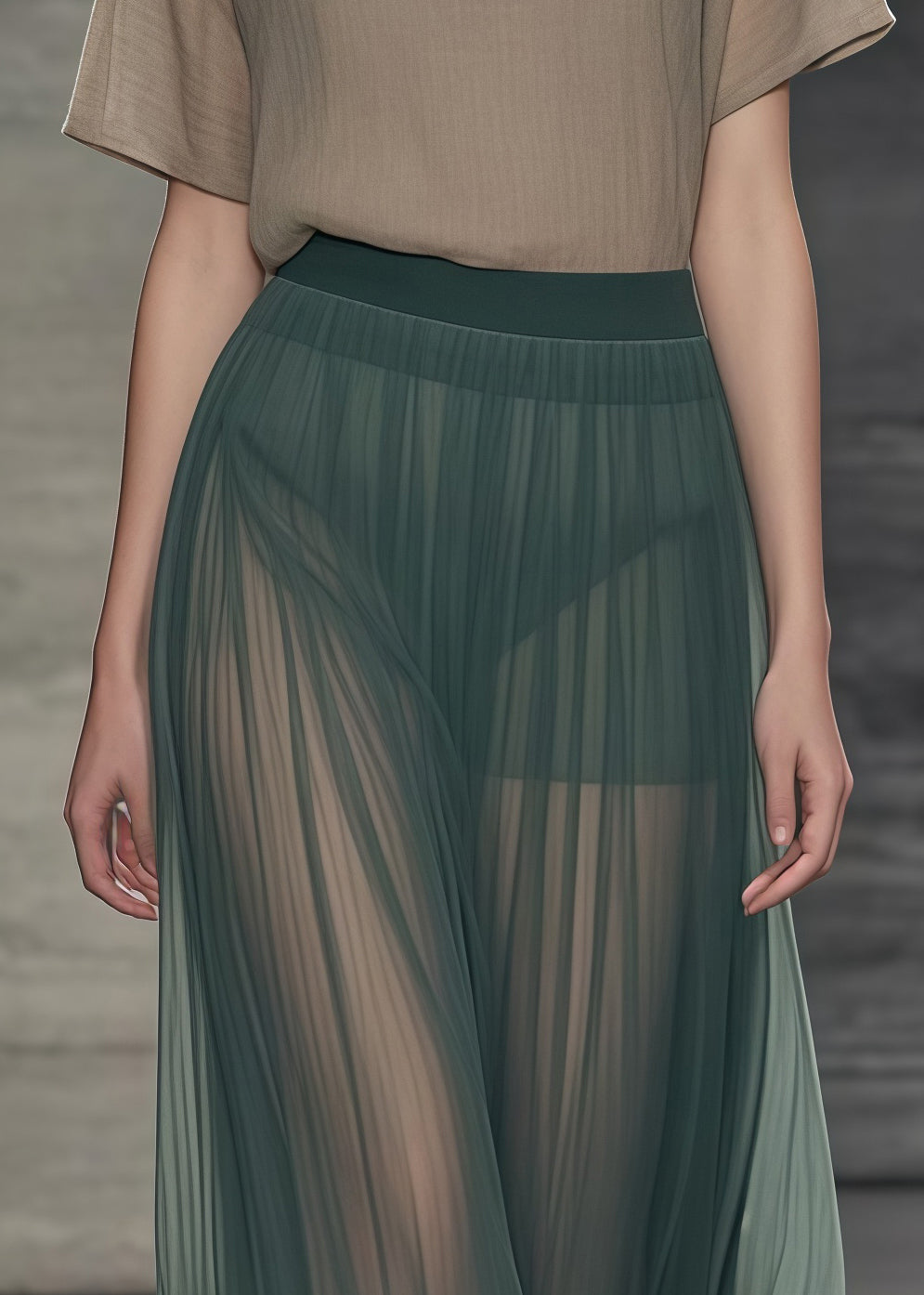 Women Tea Green Elastic Waist Tulle Pleated Skirts Summer