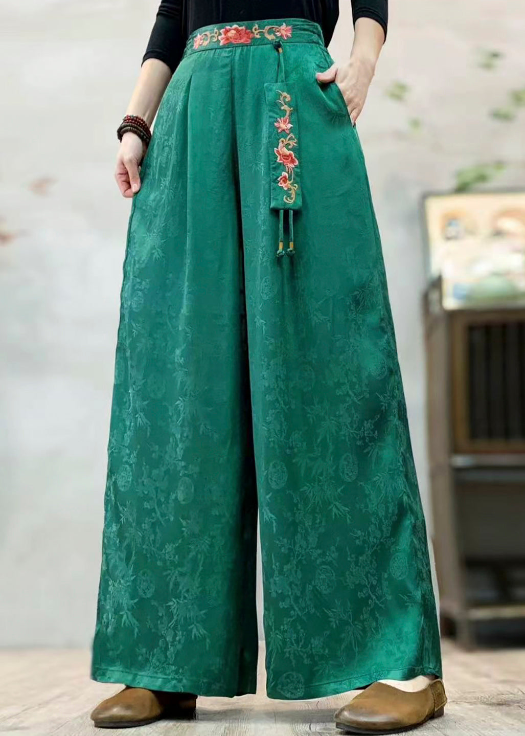 Women Tea Green Embroidered Jacquard Silk Pants Spring