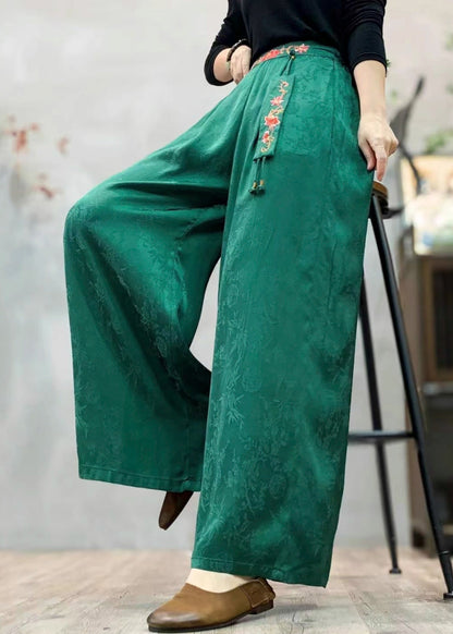 Women Tea Green Embroidered Jacquard Silk Pants Spring