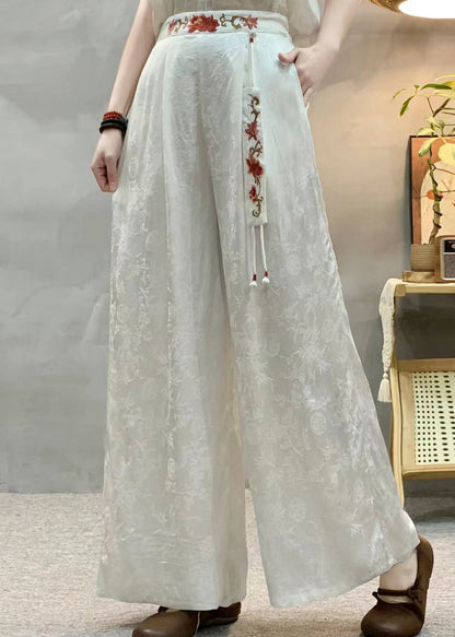 Women Tea Green Embroidered Jacquard Silk Pants Spring