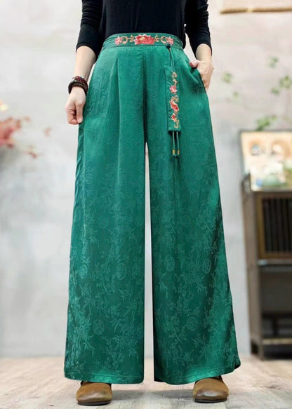 Women Tea Green Embroidered Jacquard Silk Pants Spring