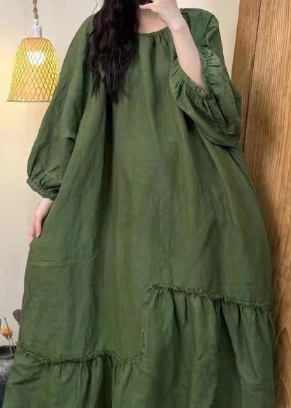 Women Tea Green Oversized Wrinkled Cotton Dress Fall