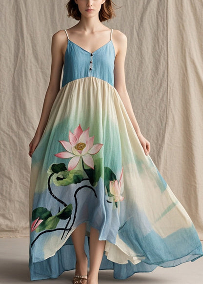 Women Tie Dye Lotus Print Cotton Spaghetti Strap Dress Summer