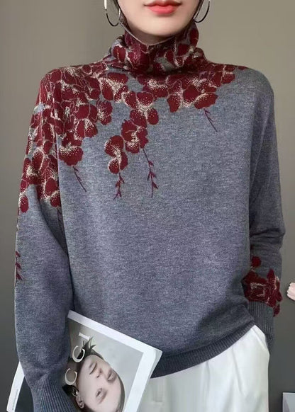 Women Turtle Neck Print Knit Sweaters Fall