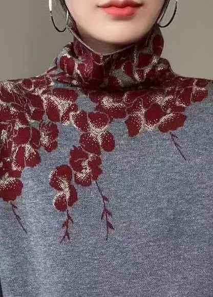 Women Turtle Neck Print Knit Sweaters Fall