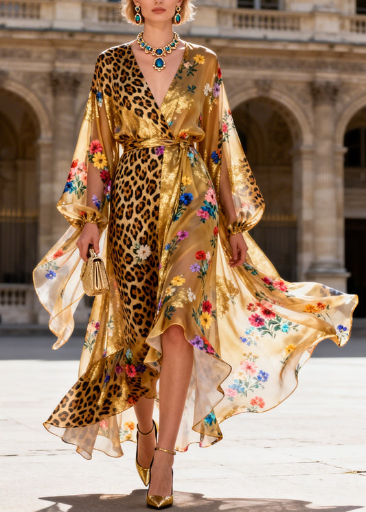 Women V Neck Asymmetrical Design Patchwork Silk Ankle Dress Dresses Summer