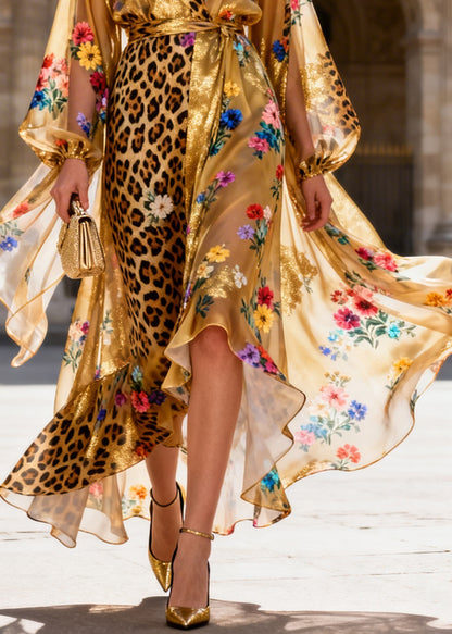 Women V Neck Asymmetrical Design Patchwork Silk Ankle Dress Dresses Summer