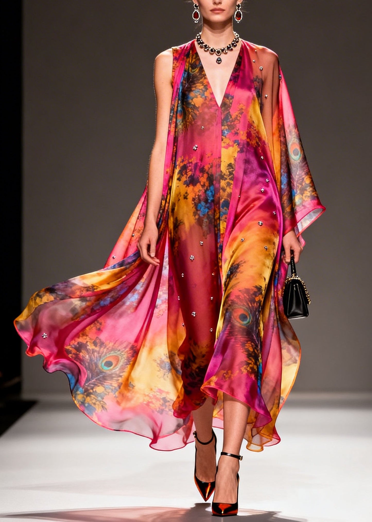 Women V Neck Asymmetrical Design Print Chiffon Dress Summer