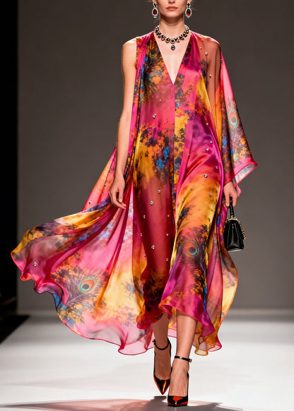 Women V Neck Asymmetrical Design Print Chiffon Dress Summer