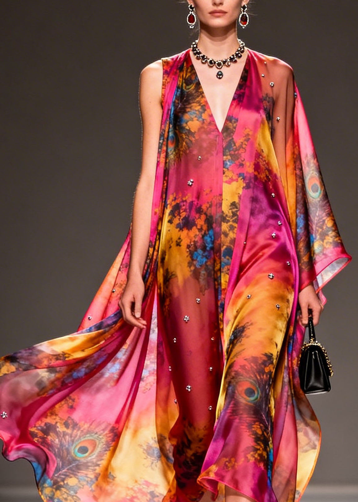 Women V Neck Asymmetrical Design Print Chiffon Dress Summer