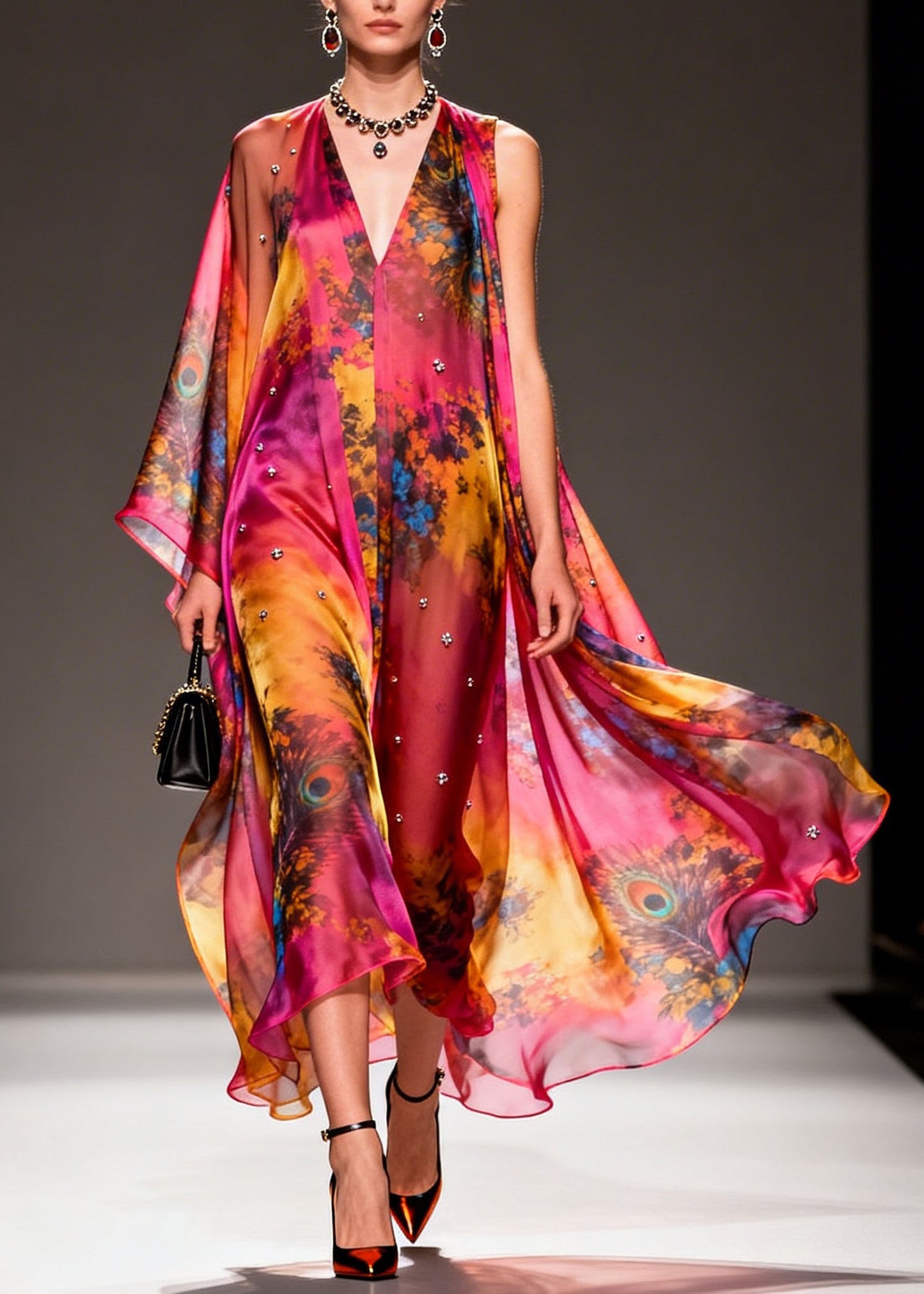 Women V Neck Asymmetrical Design Print Chiffon Dress Summer