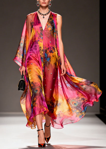 Women V Neck Asymmetrical Design Print Chiffon Dress Summer