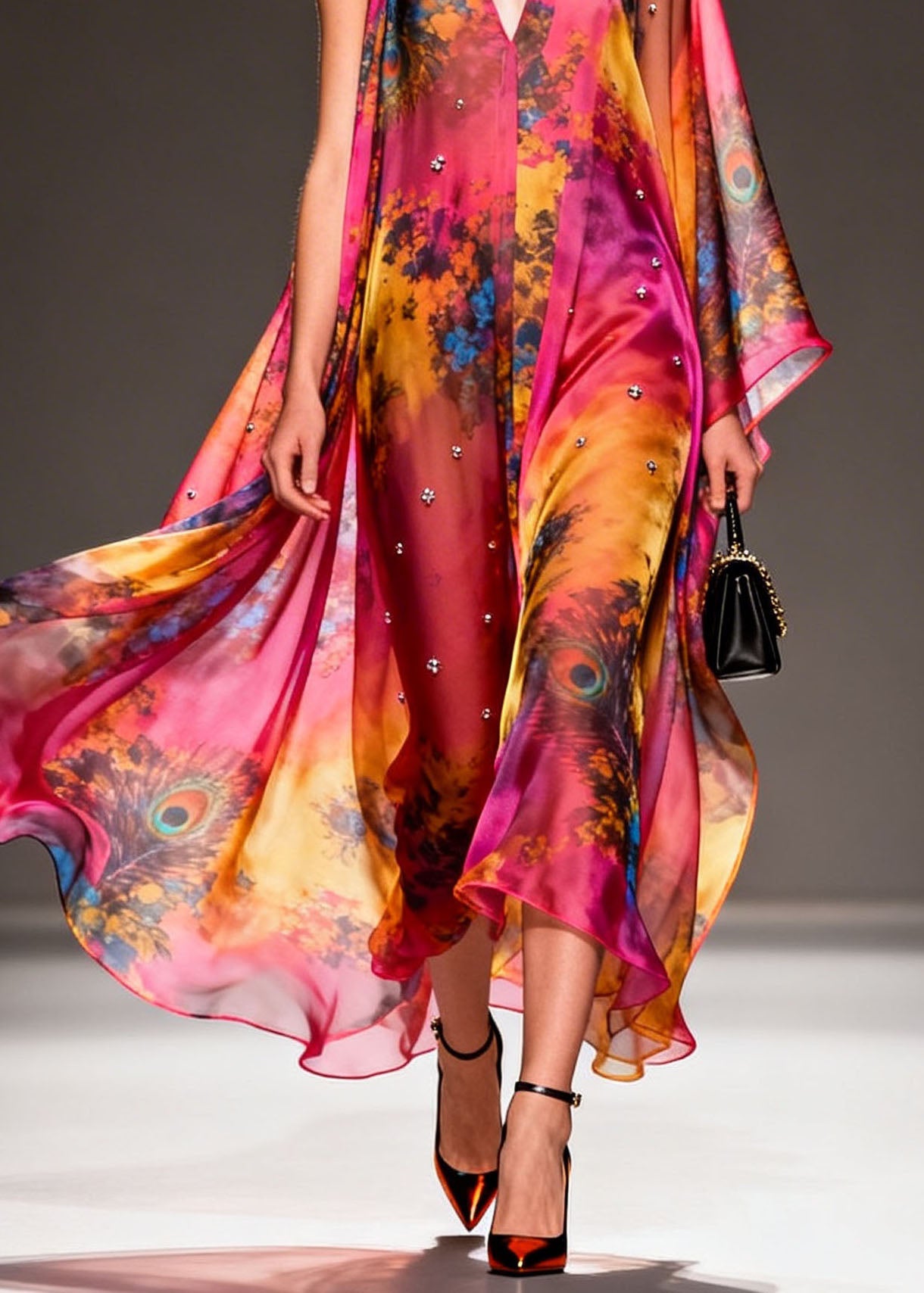 Women V Neck Asymmetrical Design Print Chiffon Dress Summer