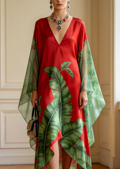 Women V Neck Asymmetrical Design Print Chiffon Long Dress Summer