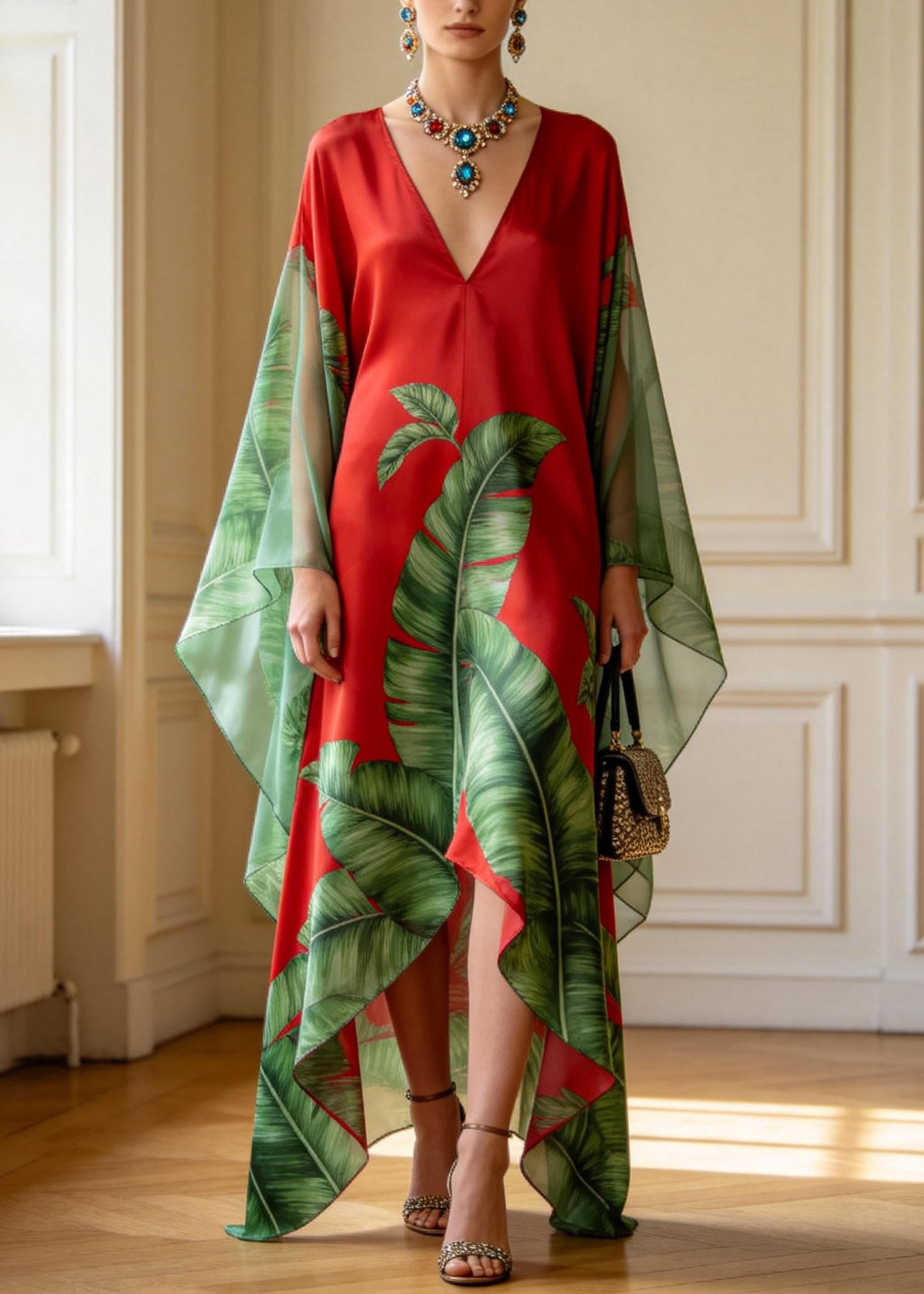 Women V Neck Asymmetrical Design Print Chiffon Long Dress Summer