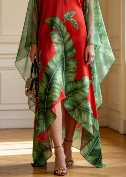 Women V Neck Asymmetrical Design Print Chiffon Long Dress Summer