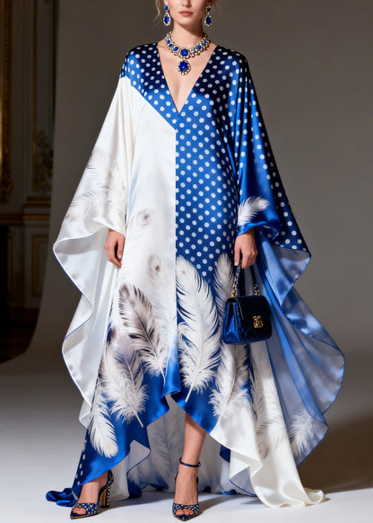 Women V Neck Asymmetrical Print Patchwork Silk Dress Summer
