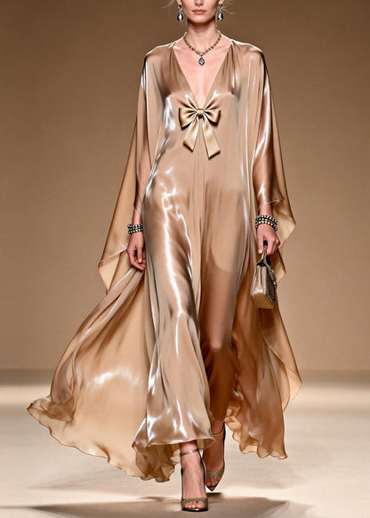 Women V Neck Bow Patchwork Silk Maxi Dresses Spring