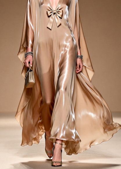 Women V Neck Bow Patchwork Silk Maxi Dresses Spring