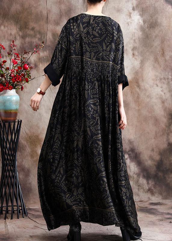 Luxy V Neck Black Print Silk Satin Dresses - SooLinen