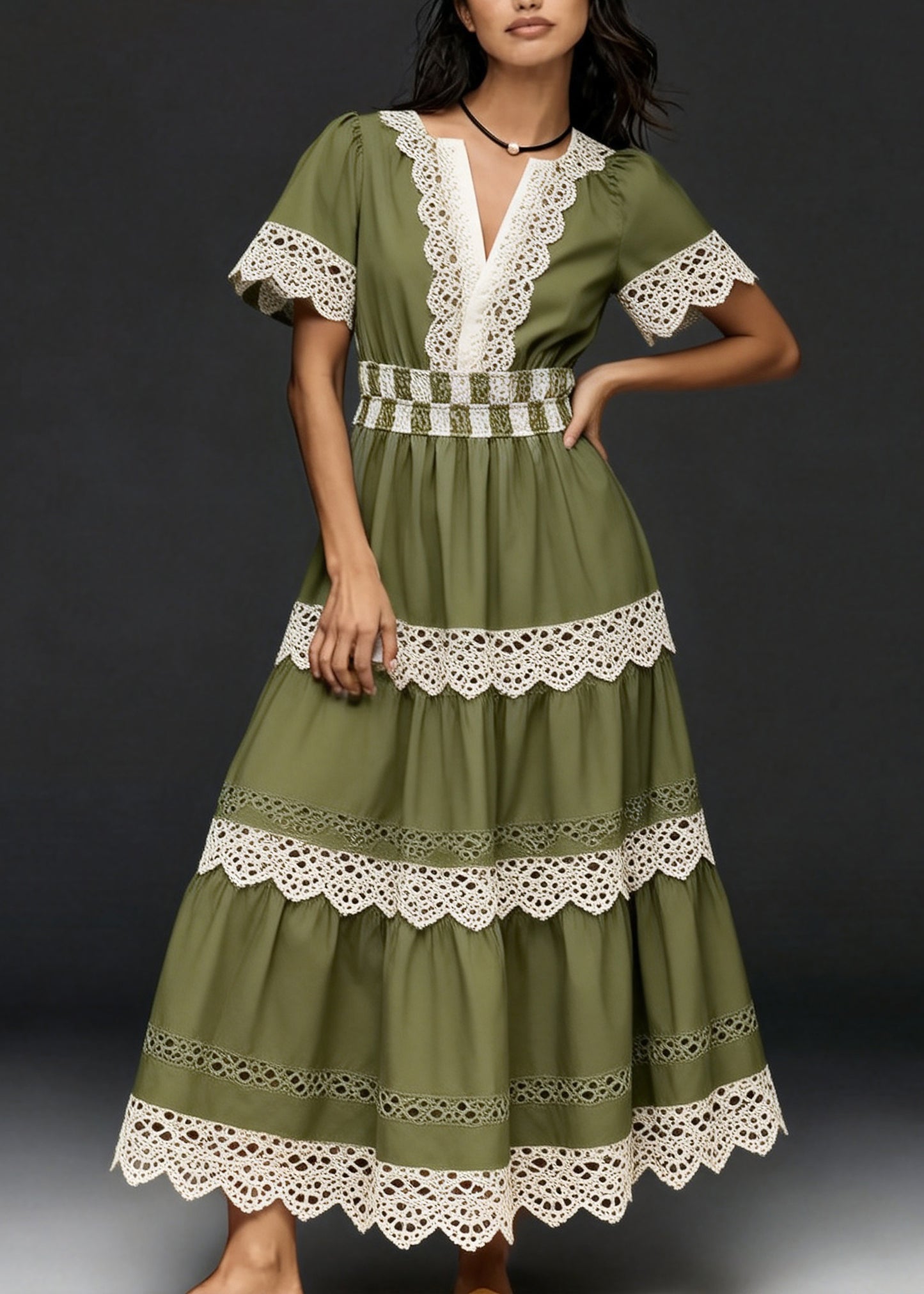 Women V Neck Hollow Out Lace Patchwork Cotton Dresses Summer