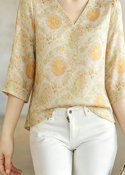 Women V Neck Jacquard Silk Shirt Top Bracelet Sleeve