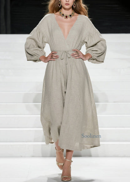 Women V Neck Lace Up Patchwork Cotton Long Dress Spring