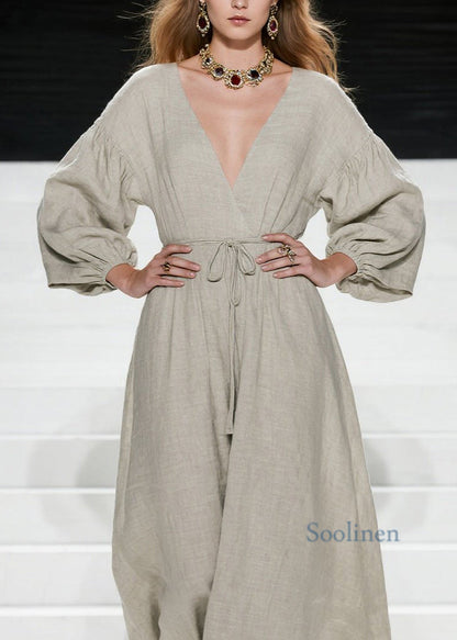 Women V Neck Lace Up Patchwork Cotton Long Dress Spring