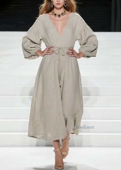 Women V Neck Lace Up Patchwork Cotton Long Dress Spring