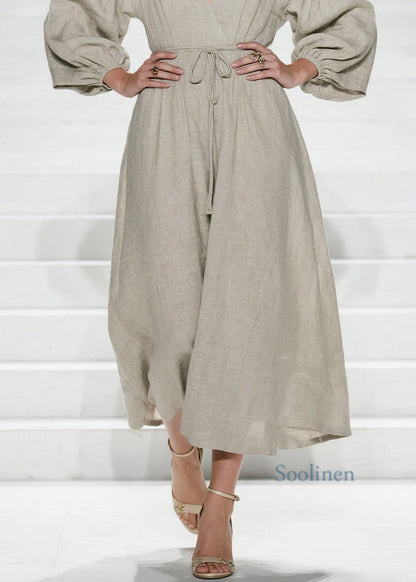 Women V Neck Lace Up Patchwork Cotton Long Dress Spring