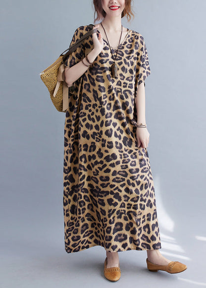 Women V Neck Leopard Print Silk Long Dresses Summer