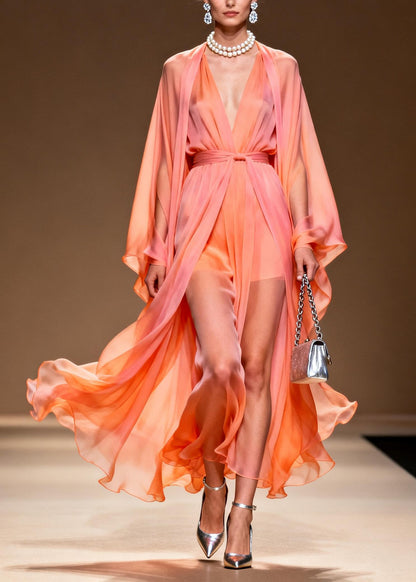 Women V Neck Patchwork Chiffon Two Pieces Set Spring
