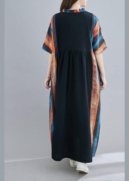 Women V Neck Patchwork Summer Dress Outfits Multicolor Striped Maxi Dress - SooLinen